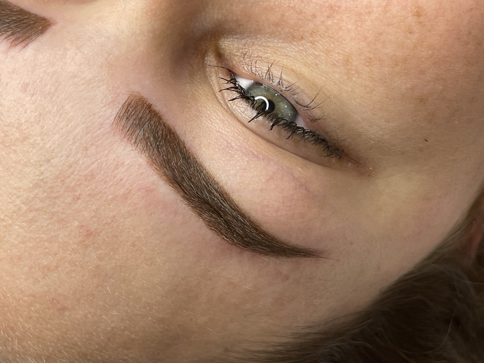 Close-up of healed cosmetic brow tattoo showing fine hair-stroke detail